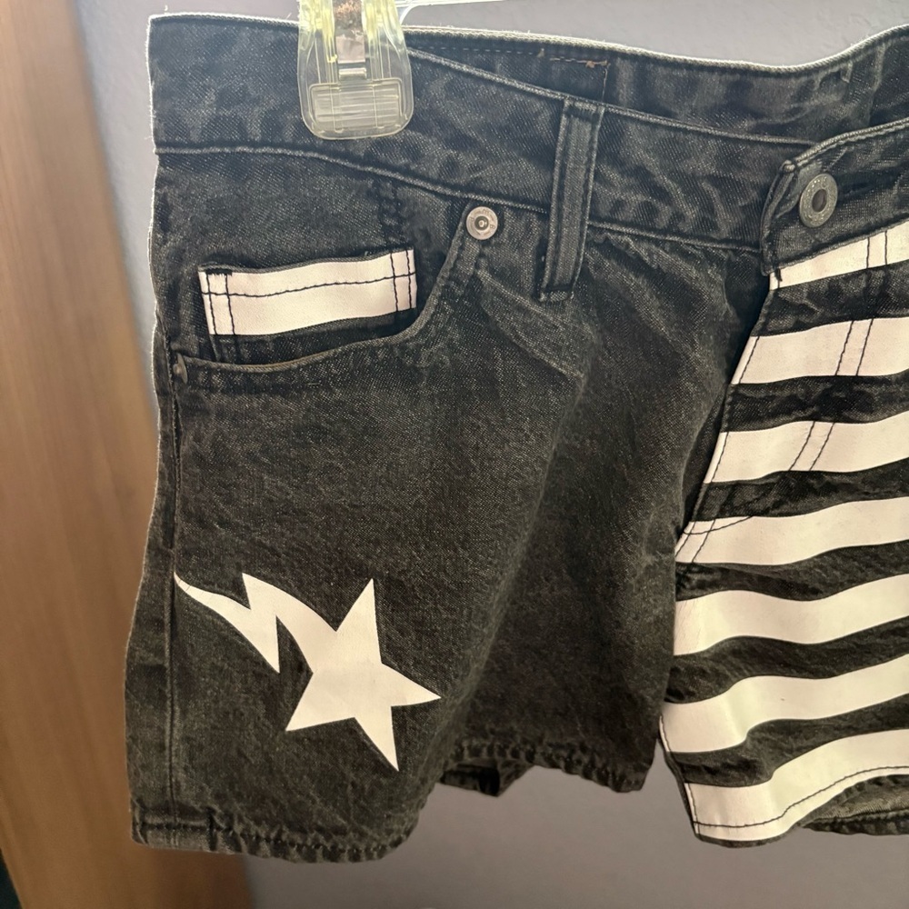 Bape Women sz S Faded Black Denim Shorts A Bathing Ape BAPESTA Striped Low Rise - Picture 2 of 14